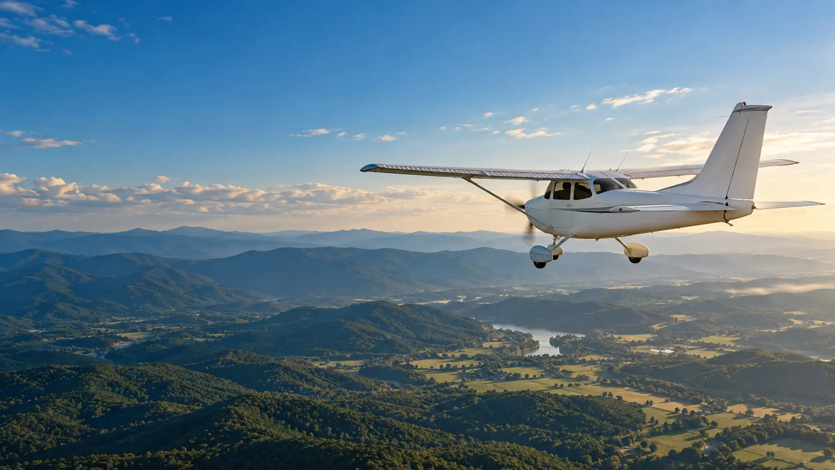 Illustrative training airplane above a mountain valley