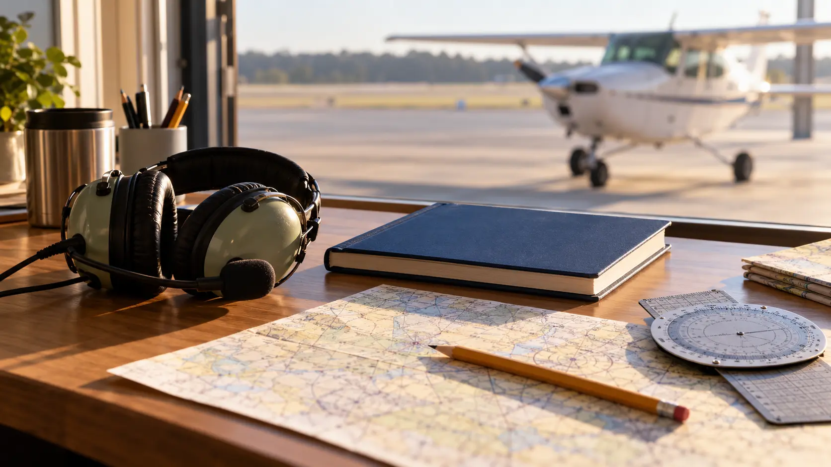 Original illustration of a pilot's study desk with a headset and navigation materials